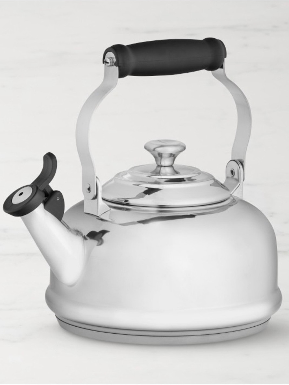 NEW Le Creuset Polished Silver Whistling Tea Kettle with Black Handle